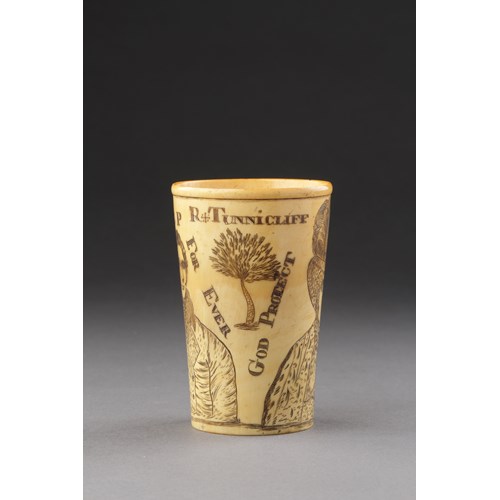 A Folk Art Engraved Blonde Horn Beaker Titled: ‘R Tunnicliffe’